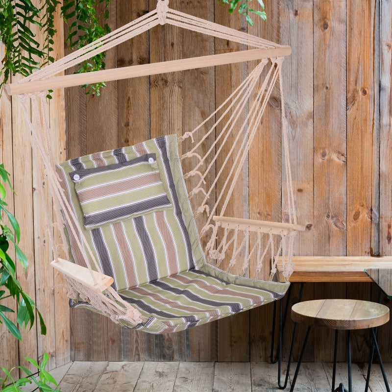 Multicoloured Striped Hanging Hammock Chair with Wooden Arms