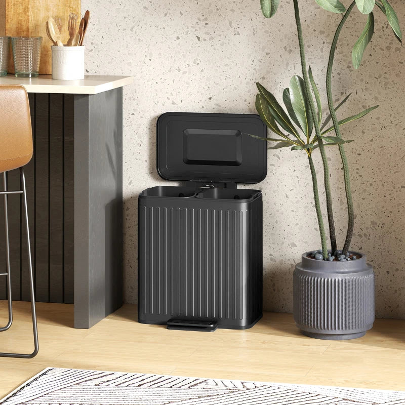 40L Dual Compartment Rubbish Bin with Soft-Close Lid - Stylish Black Trash Can for Kitchen & Home Organization