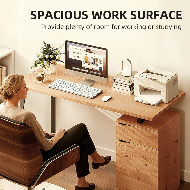 Modern Computer Desk with Cabinet & Drawer - Stylish Writing Desk for Home Office & Study - Metal Legs, Natural Wood Finish