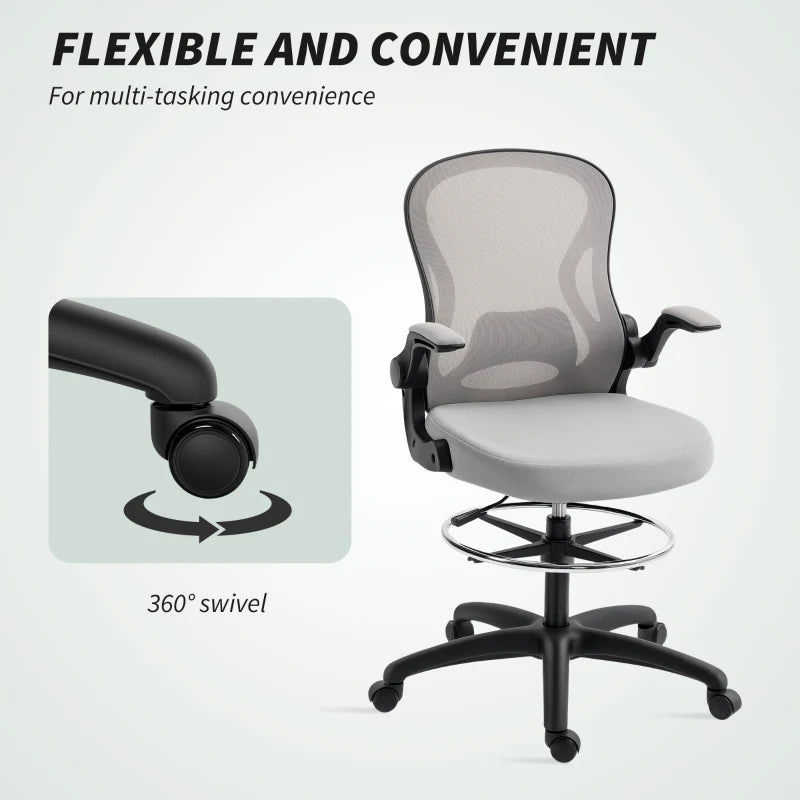 Vinsetto Adjustable Mesh Standing Desk Chair - Flip-up Armrests, Lumbar Support, Adjustable Footrest, Grey - Ergonomic Office Seating