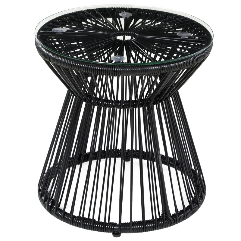 Black Rattan Drum Coffee Table with Glass Top for Outdoor Spaces