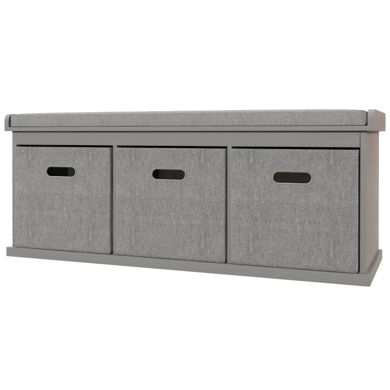 Three Drawer Shoe Storage Bench with Padded Top Seat in Grey