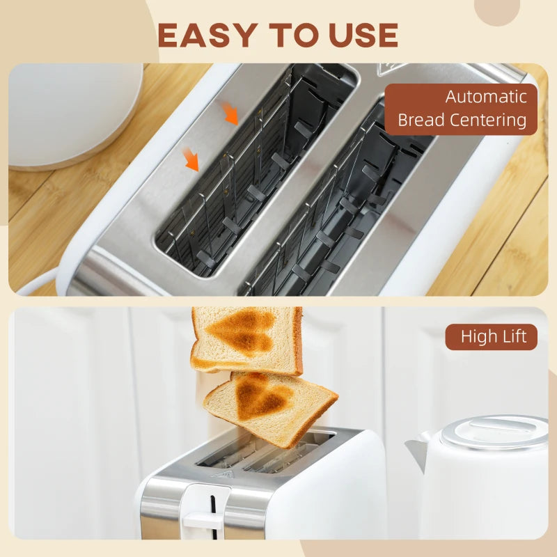 Stainless Steel Kettle & Toaster Set - 1.7L Fast Boil Kettle 3000W & 2 Slice Toaster with 7 Browning Levels, White