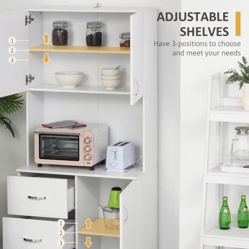 Free Standing Kitchen Cupboard - White Storage Cabinet with Doors, Shelves, 3 Drawers & Adjustable Height - Versatile Kitchen Organizer