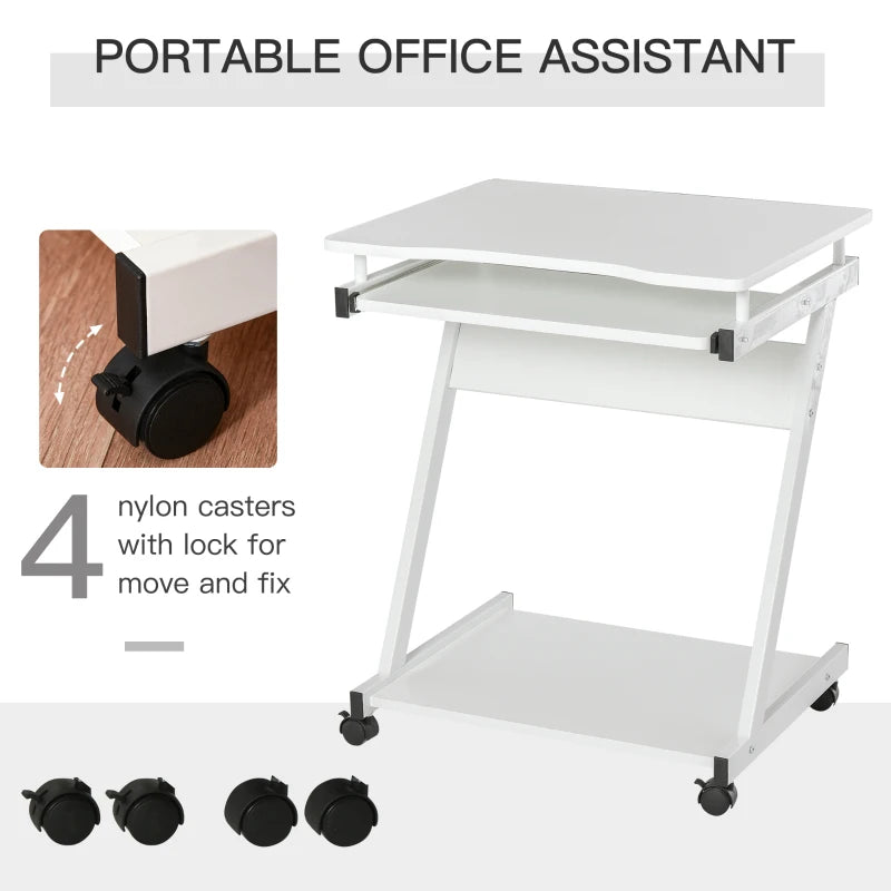 Movable White Computer Desk with 4 Wheels & Sliding Keyboard Tray - Ideal Home Office Workstation