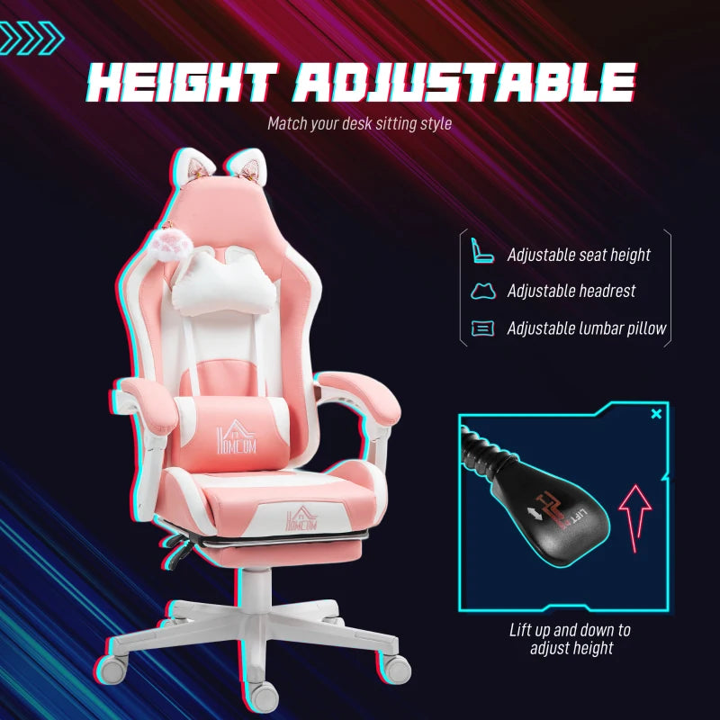 Cat Ear & Paw Reclining Office Chair with Footrest - Stylish Pink/White Design for Comfort & Fun