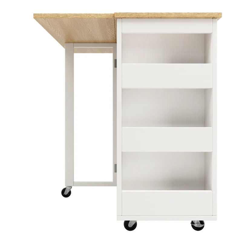 Space-Saving Kitchen Island Trolley with Power Strip, Folding Design & Wine Rack - White & Natural, 131.5L x 76W x 91H cm