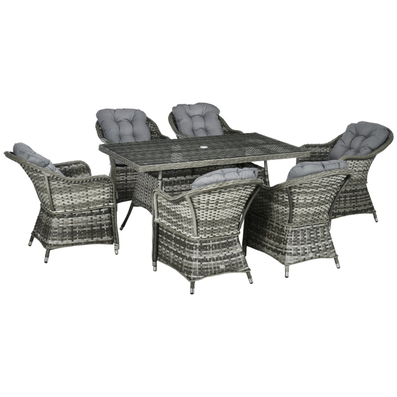 7-Piece Grey Rattan Outdoor Dining Set with Glass Table & Umbrella Hole