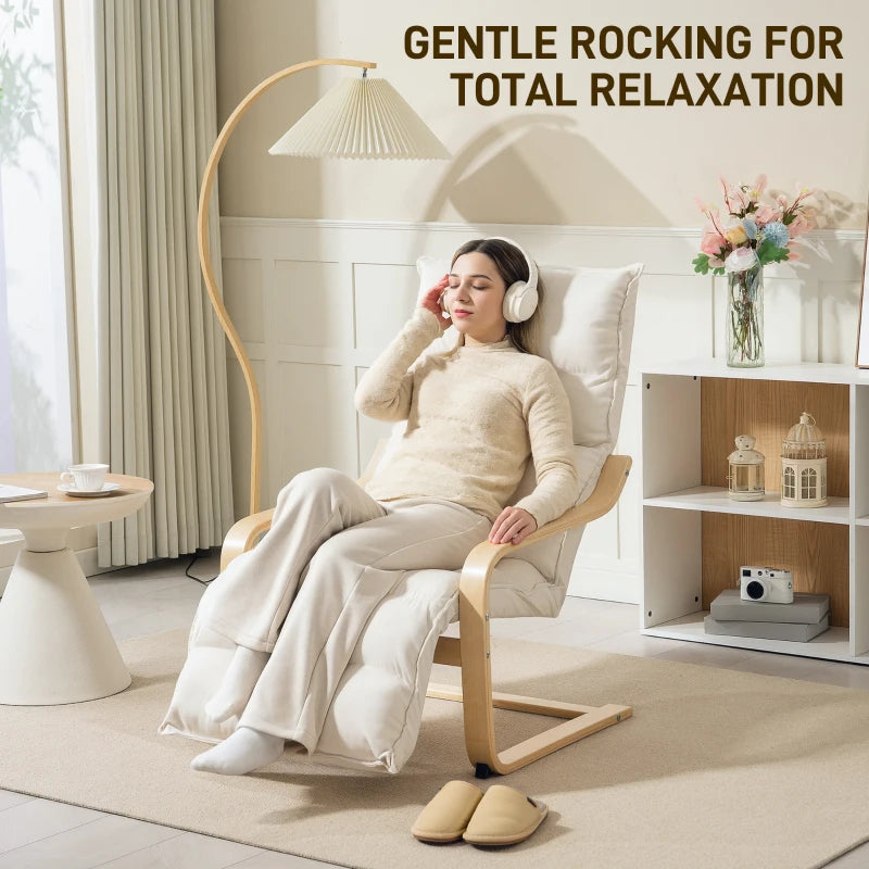 Curved Wooden Accent Chair with Adjustable Footrest - Stylish Cream White Design for Living Room & Home Decor