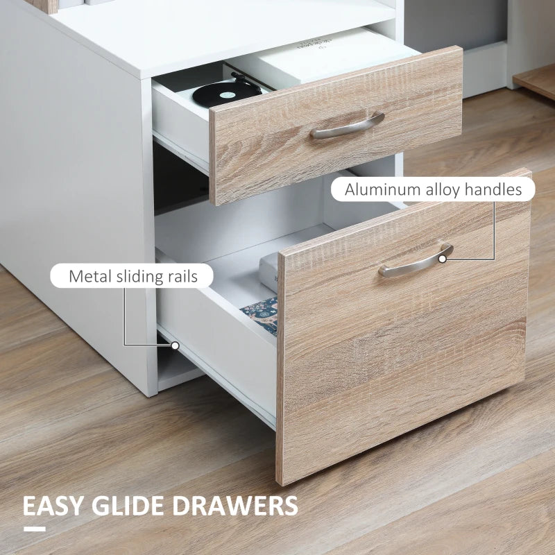 Large Oak Computer Desk with Drawers & Storage Shelves - Office Writing Table & Printer Stand for Home Office, 137x55x92cm