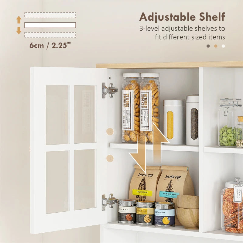 Freestanding Kitchen Storage Cabinet with Adjustable Shelves and Glass Doors 80L x 37W x 183H cm White