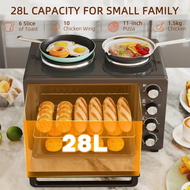 28L Electric Mini Oven with 2 Hot Plates - Countertop Toaster Oven for Baking, Grilling & Roasting - 2600W, Black