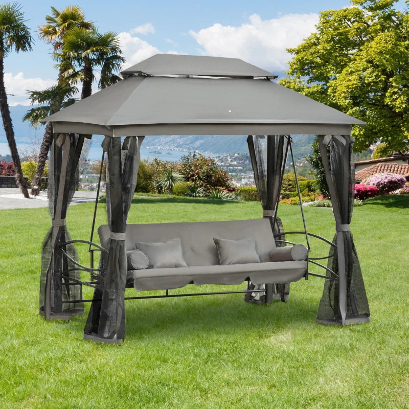 Grey 3-Seater Convertible Garden Swing Bed with Canopy