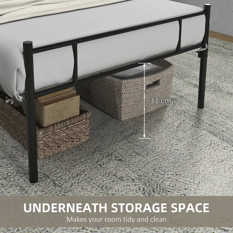 Unique Black Metal Bed Frame with Headboard & Footboard - Solid Slat Support & Underbed Storage - Stylish Bedroom Furniture