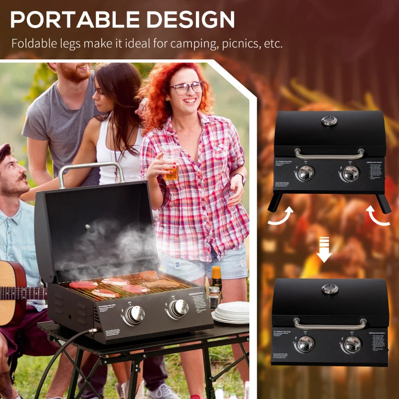 Portable Black 2-Burner Gas BBQ Grill with Lid and Thermometer