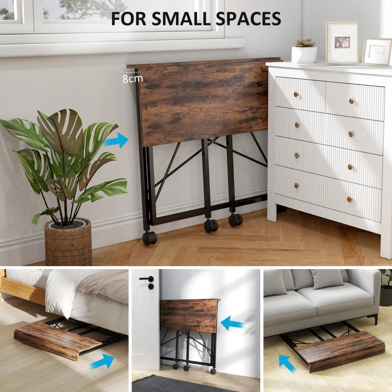 Rustic Brown 80 cm Folding Desk on Wheels - Space-Saving, Portable Workstation for Home Office & Study