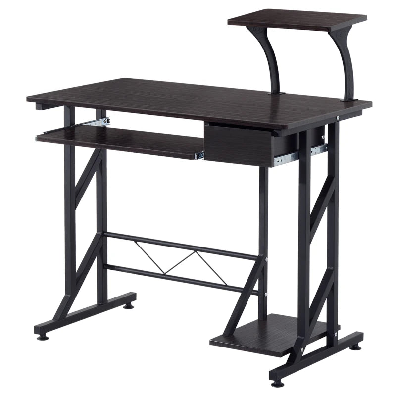 Dark Brown Computer Desk with Display Stand, Sliding Keyboard Tray, Host Box Shelf - Stylish Home Office Workstation