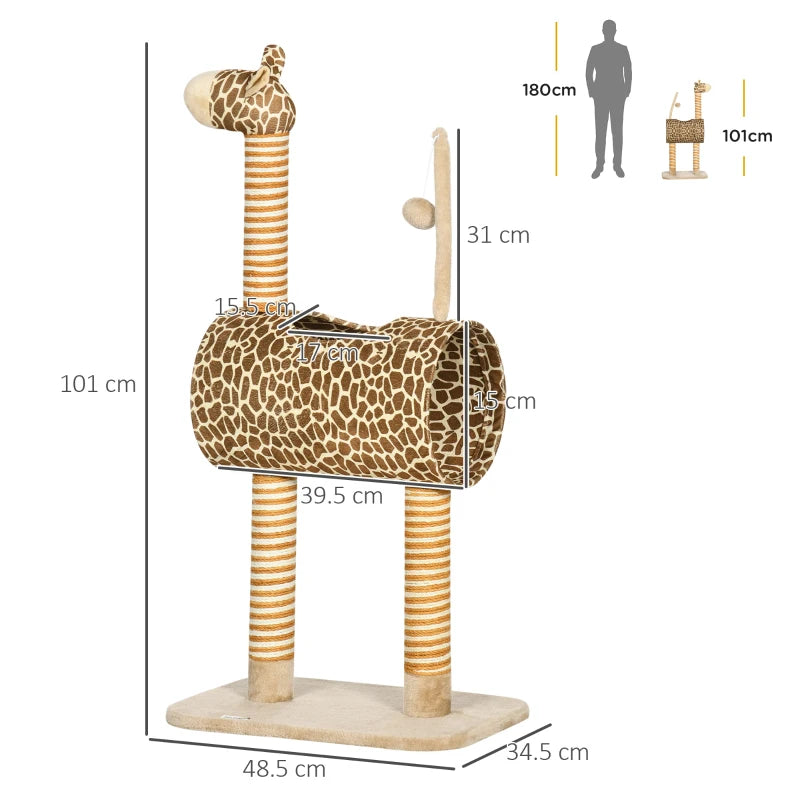 Unique Giraffe-Designed Cat Tree with Scratching Posts, Cat Tunnel & Toy Ball - Beige for Playful Cats