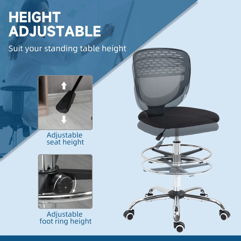 Vinsetto Grey Drafting Chair - Swivel Mesh Office Chair with Adjustable Foot Ring, Armless Design for Standing Desks