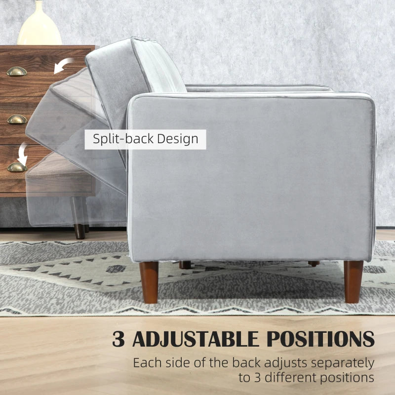 Modern Convertible Velvet Sofa Bed with Tufted Design, Compact Loveseat and Adjustable Split Back in Light Grey
