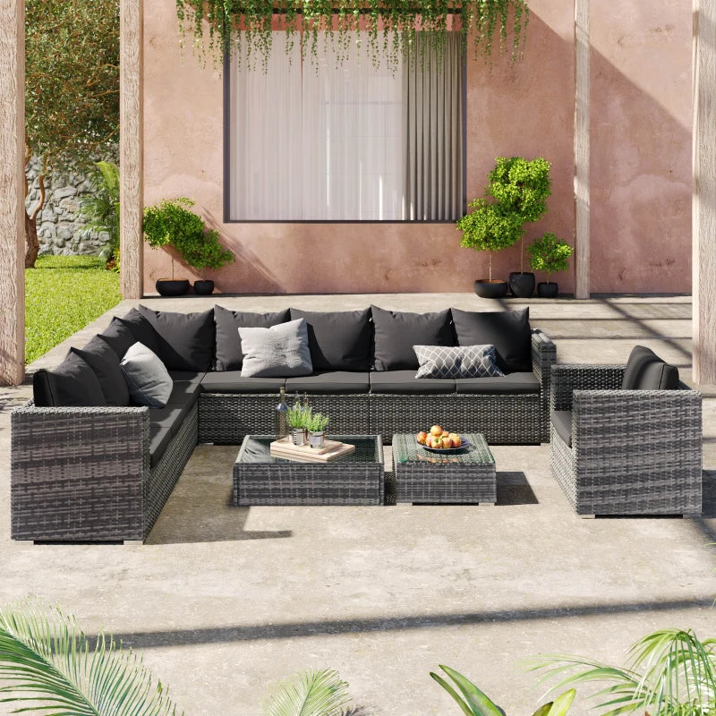 Grey 9-Seater Rattan Garden Corner Sofa Set with Coffee Table and Cushions