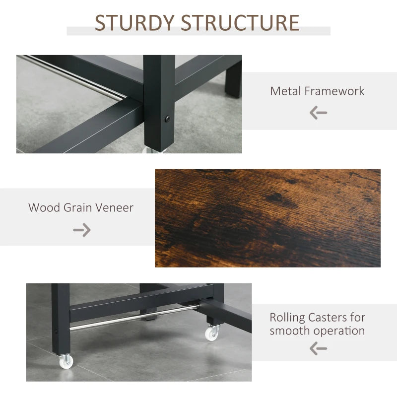 Industrial Folding Dining Table with Wheels - Rustic Brown Drop Leaf Table for Kitchen & Dining Room, Space Saving Design