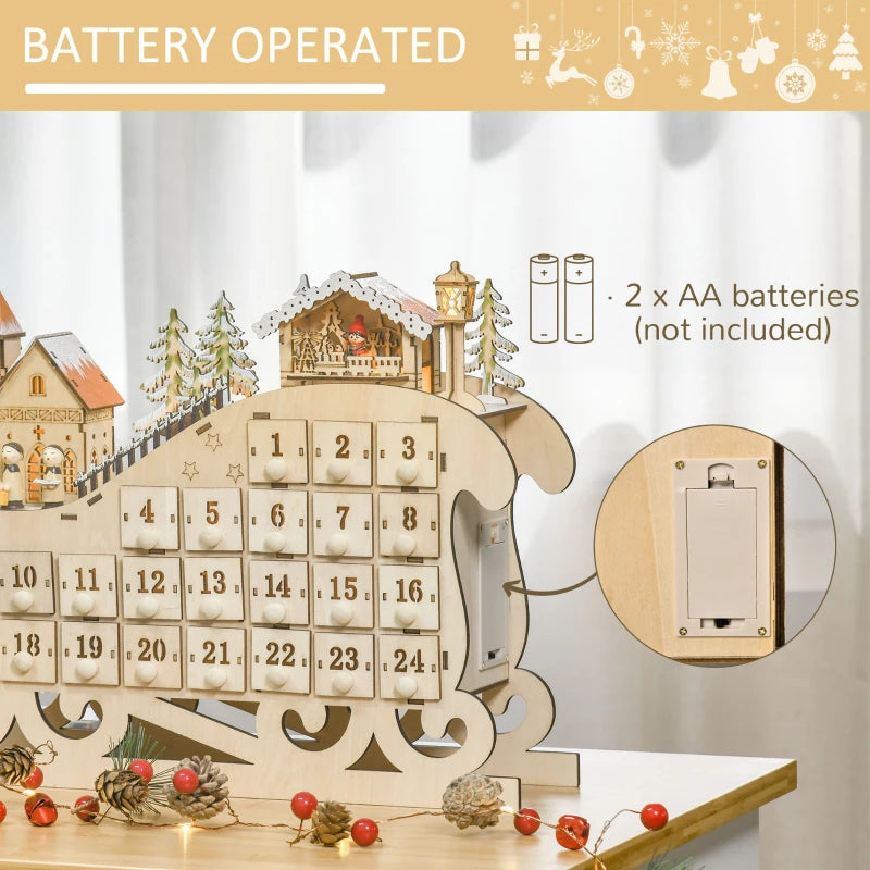 2021 Light Up Christmas Advent Calendar - Wooden Sleigh Holiday Decoration with Countdown Drawers for Kids & Adults - Natural Wood