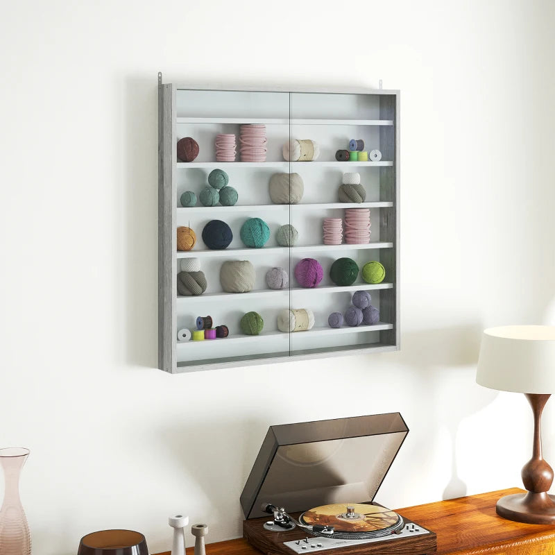 Stylish Six Shelf Display Cabinet with Glass Doors - Modern Graphite Wood Effect Storage Solution for Home or Office