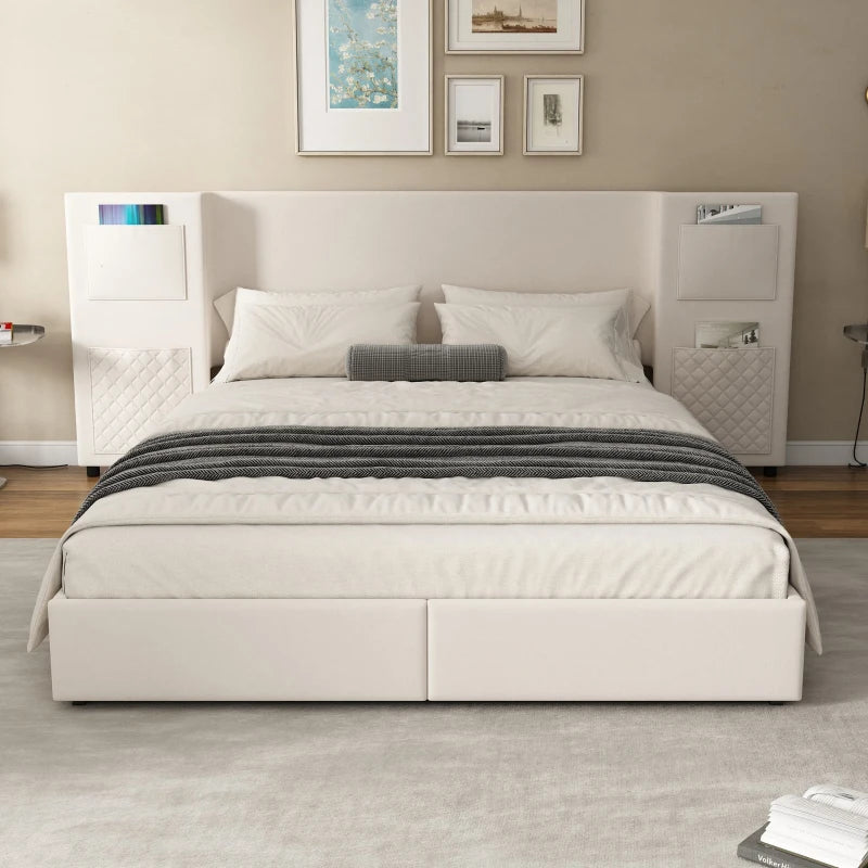 Beige Upholstered Double Bed Frame with Storage Drawers & Headboard Pockets - Velvet & Plywood, 229L x 222.5W x 87.5H cm