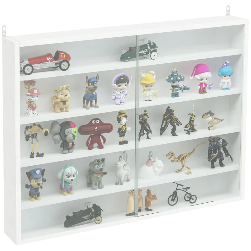 5-Tier Wall Display Shelf Unit with 4 Adjustable Shelves & Glass Doors - White Cabinet for Home Office Ornaments 60x80cm