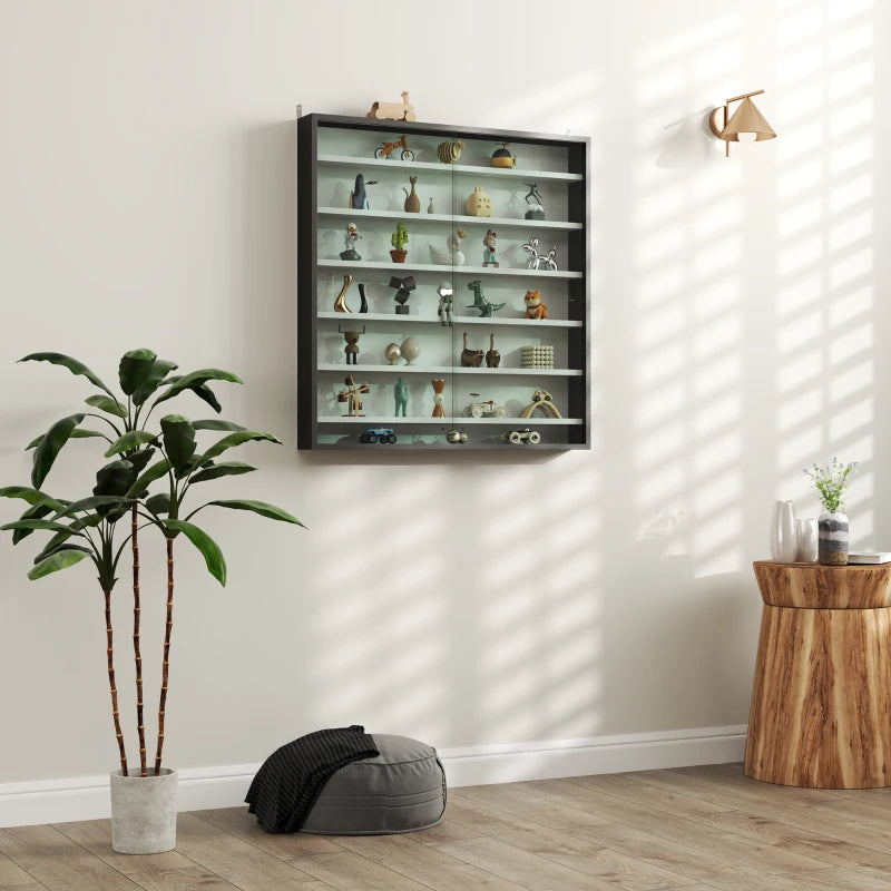 Modern Six Shelf Display Cabinet with Glass Doors - Stylish Black and White Storage Solution for Home or Office