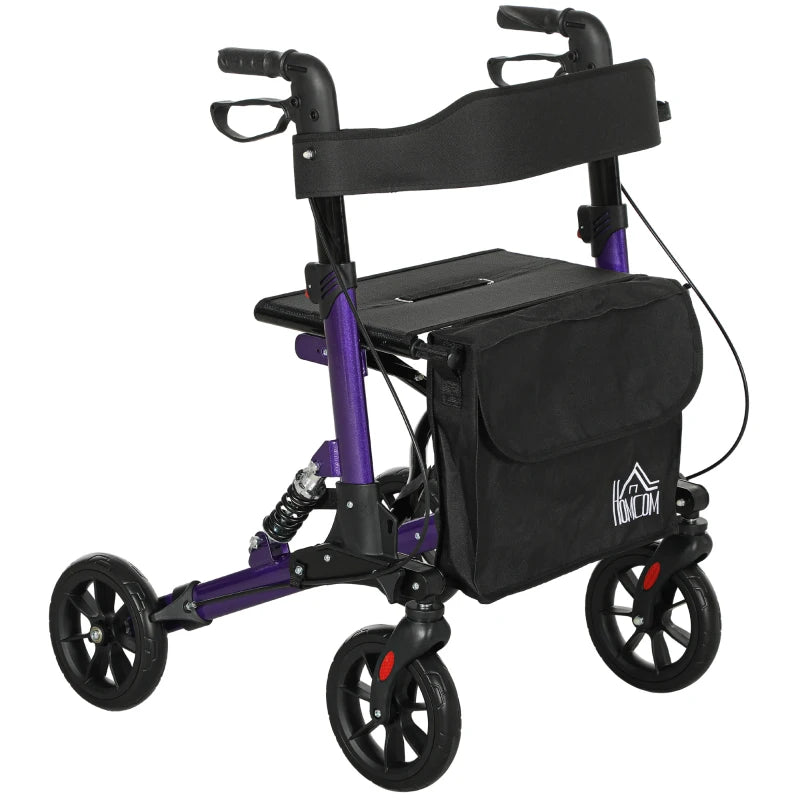 Lightweight Folding Rollator Walker with Seat and Backrest Adjustable Handle Height 4 Wheeled Walker for Seniors with Storage Bag and Dual Brakes Purple