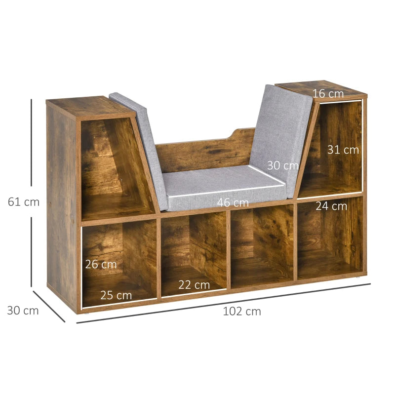Rustic Brown Bookcase Storage Shelf with Cushioned Reading Seat - Cube Bookshelf Organizer for Bedroom & Living Room