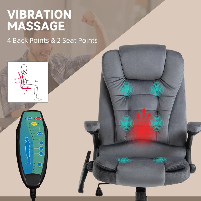 Vinsetto Heated Massage Recliner Chair - 6 Massage Points, Velvet Fabric, 360° Swivel, Grey Office Chair for Ultimate Comfort