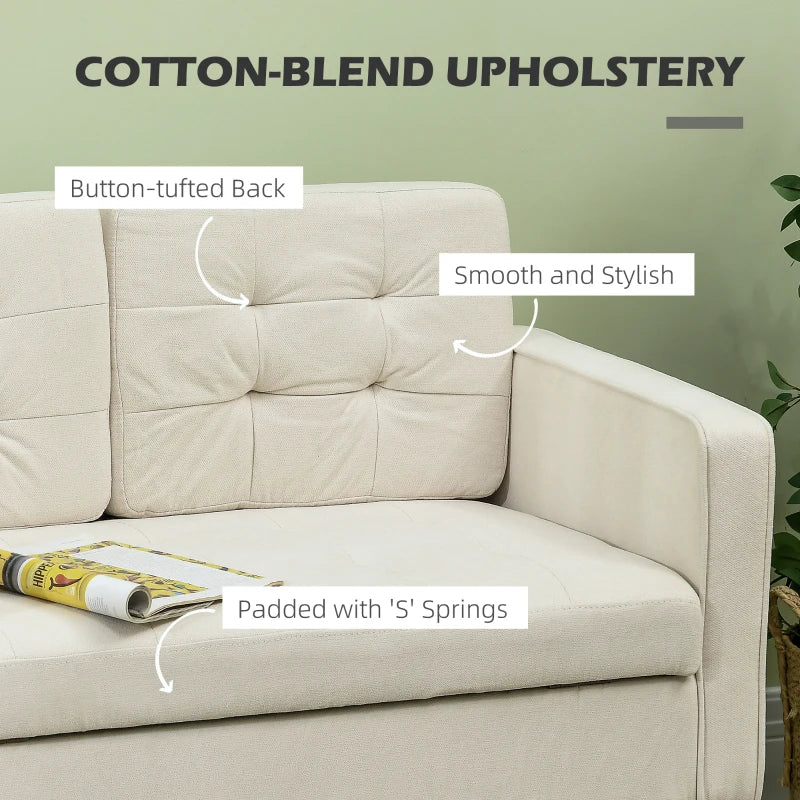 Compact Modern Loveseat Sofa with Hidden Storage, 117cm Tufted Cotton Couch, Cream White, Ideal for Small Spaces
