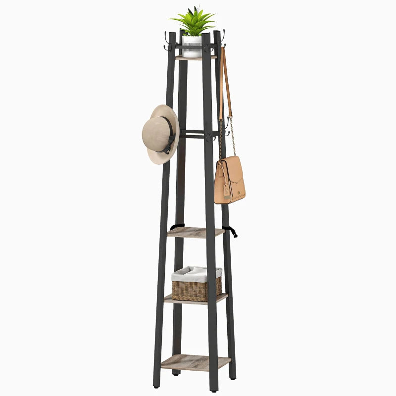 Industrial-Style Four Shelf Coat Stand - Modern Grey and Black Entryway Organizer for Coats, Hats, and Accessories