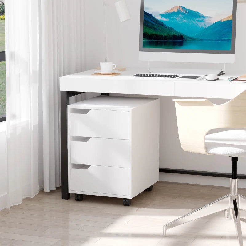 3 Drawer Mobile File Cabinet on Wheels - Vertical Filing Cabinet for Home Office - Stylish White Storage Solution