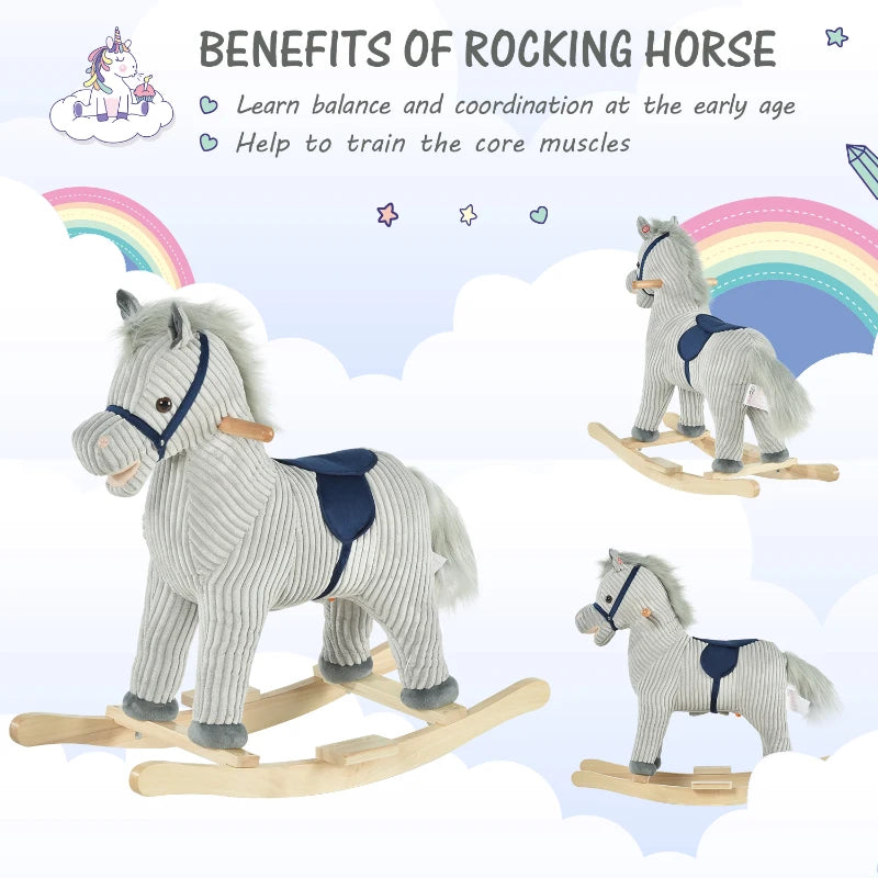Kids Plush Rocking Horse with Sound - Soft Ride-On Toy for Children Ages 3-6 - Grey Rocker Gift