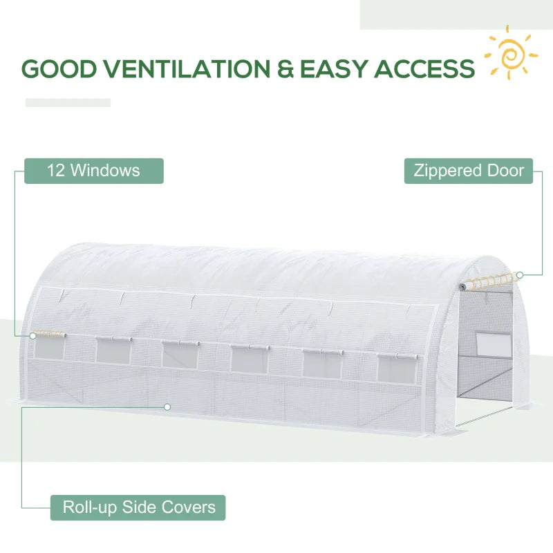 6x3m Greenhouse with Roll-up Side Walls, Steel Frame, Zipped Door - White