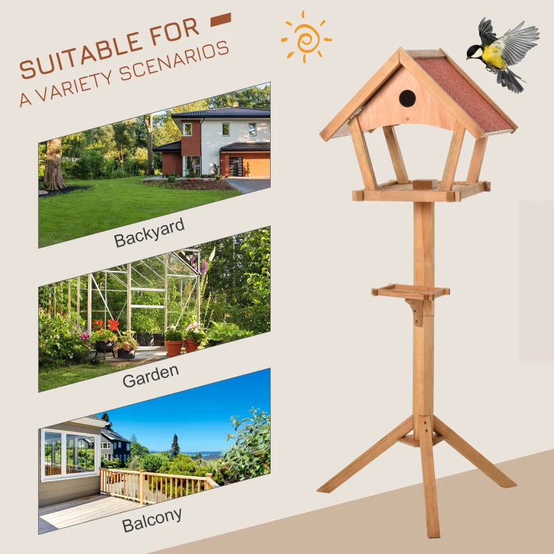 Wooden Freestanding Bird Table Feeding Station for Garden - 139cm Height, Natural Wood Design, Perfect Outdoor Bird Feeder