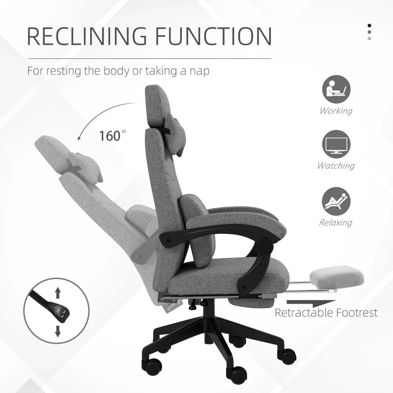 Vinsetto Grey Linen-Look Office Chair with 160° Recline and Footrest - Ergonomic Comfort for Home and Office