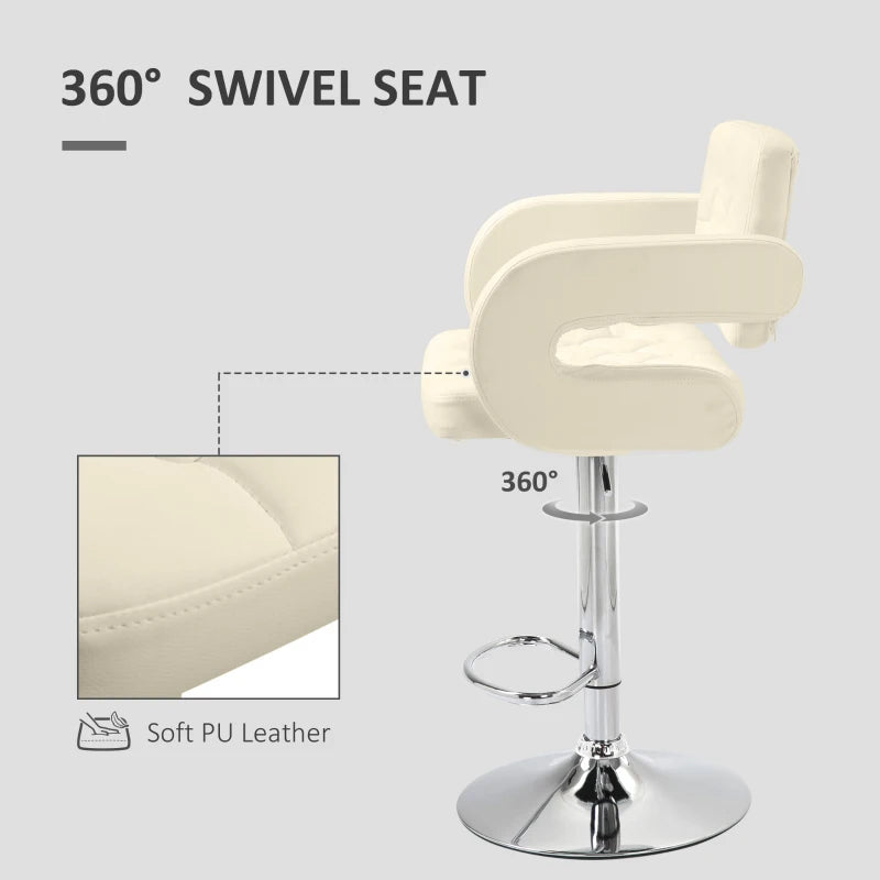 Set of 2 Upholstered Swivel Bar Stools - Height Adjustable with Back, Armrest & Footrest - Modern White Kitchen Seating