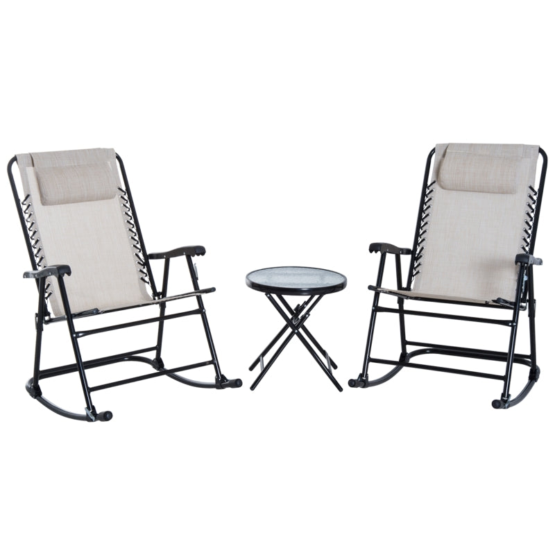 Beige 3-Piece Folding Rocking Chair Set with Glass Table - Outdoor Patio Bistro Set