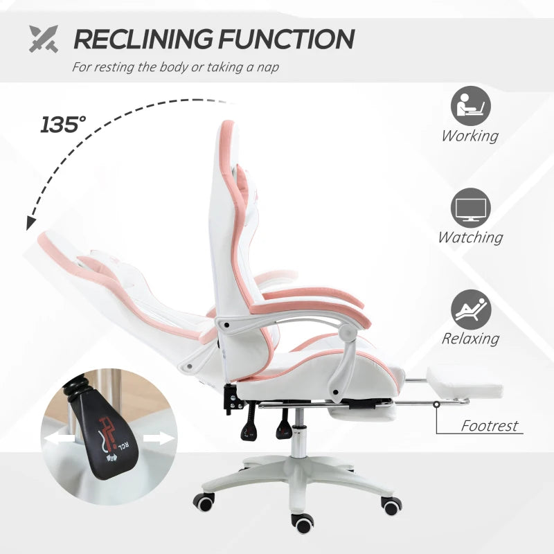 Vinsetto White & Pink Gaming Chair with Footrest, 135° Recline, Lumbar Support, Swivel Wheels - PU Leather Office Desk Chair