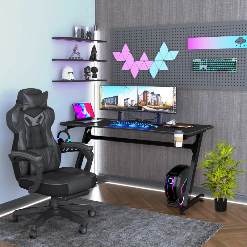 Vinsetto Grey Gaming Chair with Lumbar Support & Footrest - PU Leather Racing Desk Chair with Headrest & Swivel Wheels