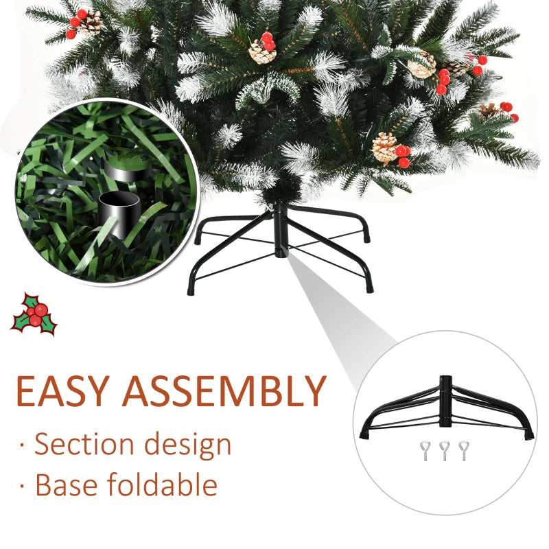 6FT Snow Dipped Christmas Pencil Tree with Red Berries & Pinecones - Foldable Holiday Decoration for Home Parties
