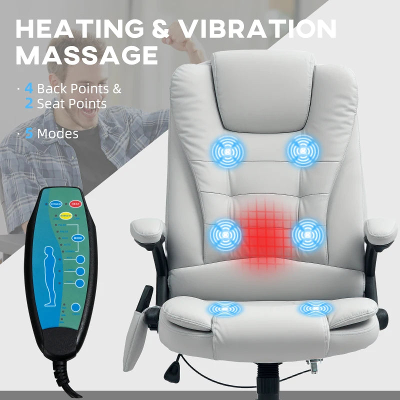 Light Grey 6-Point Massage Office Chair with Heated Seat, PU Leather High Back, Adjustable Height & 360° Swivel for Home Office