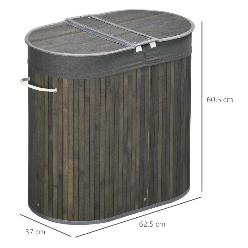 Bamboo Laundry Basket with Lid - 100L Hamper, 2 Sections, Removable Washable Lining, Grey, 62.5x37x60.5cm
