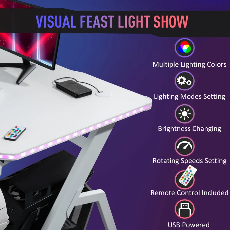 RGB Gaming Desk 120x66cm - Carbon Fibre Computer Table with Headphone Hook, Cup Holder & Controller Rack - White Home Office