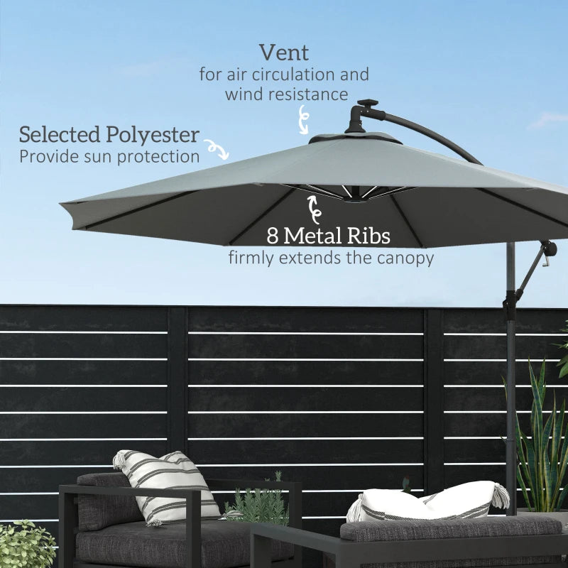 Grey Solar LED Cantilever Garden Umbrella